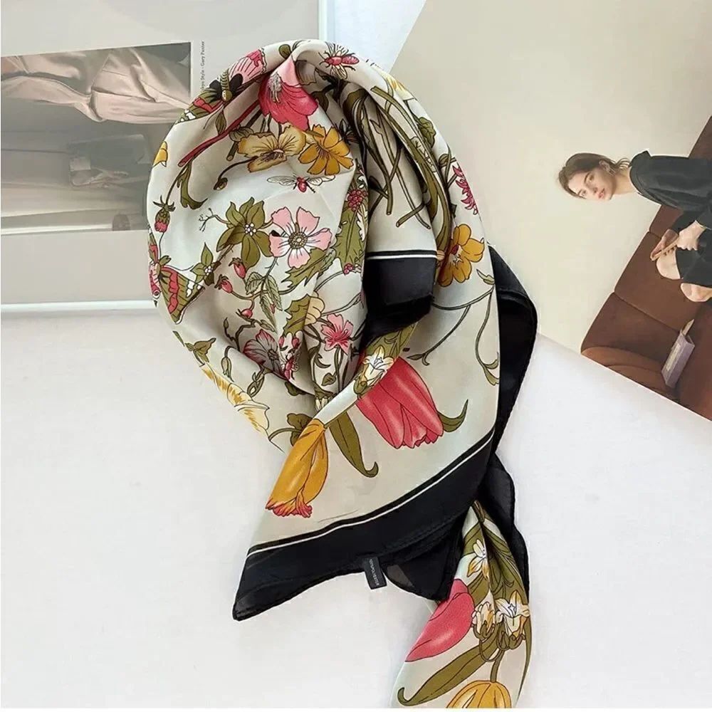 Beige Floral Silky Scarf 